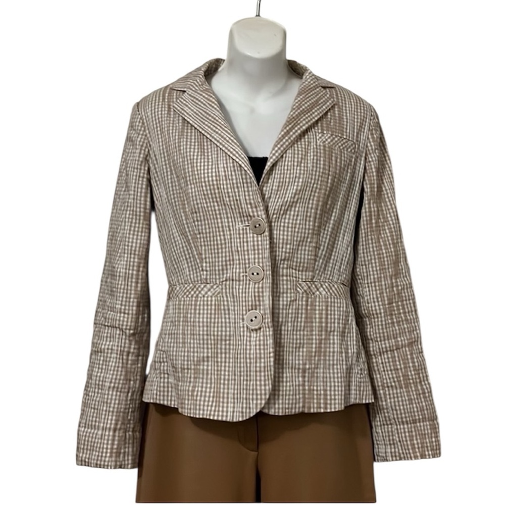 CAbi Womens Searsucker Brown Tan White Checks Neutral Fitted Short Blazer S